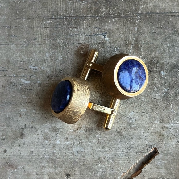 Vintage CHRISTIAN DIOR GOLD CIRCLE AND BLUE FAUX LAPIS CUFFLINKS - Picture 3 of 4